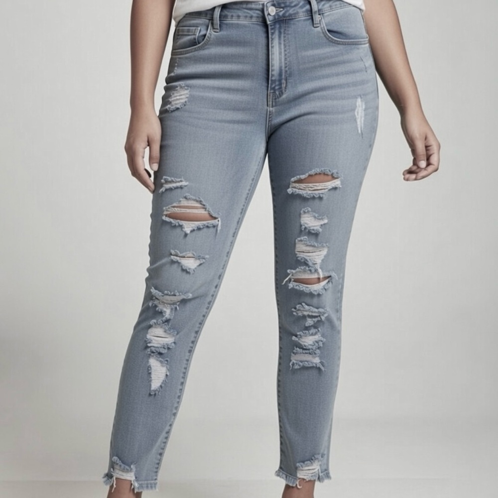 Shein Distressed Jeans Light Blue Denim Hi-rise Waist Sz XL
